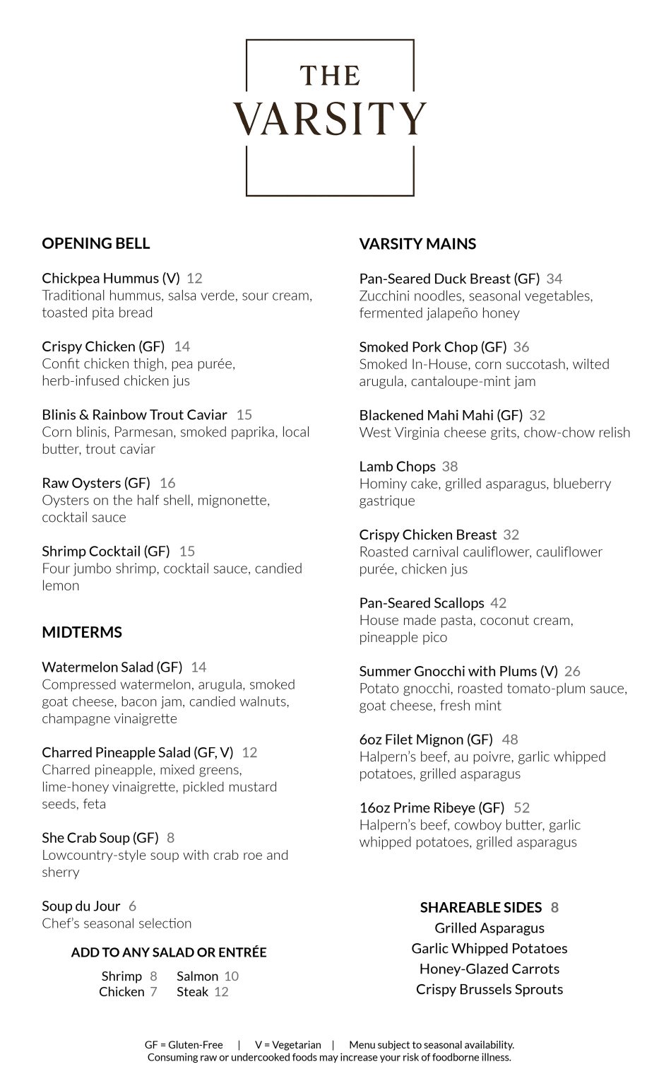 VARSITY MENU 72225 LEGAL